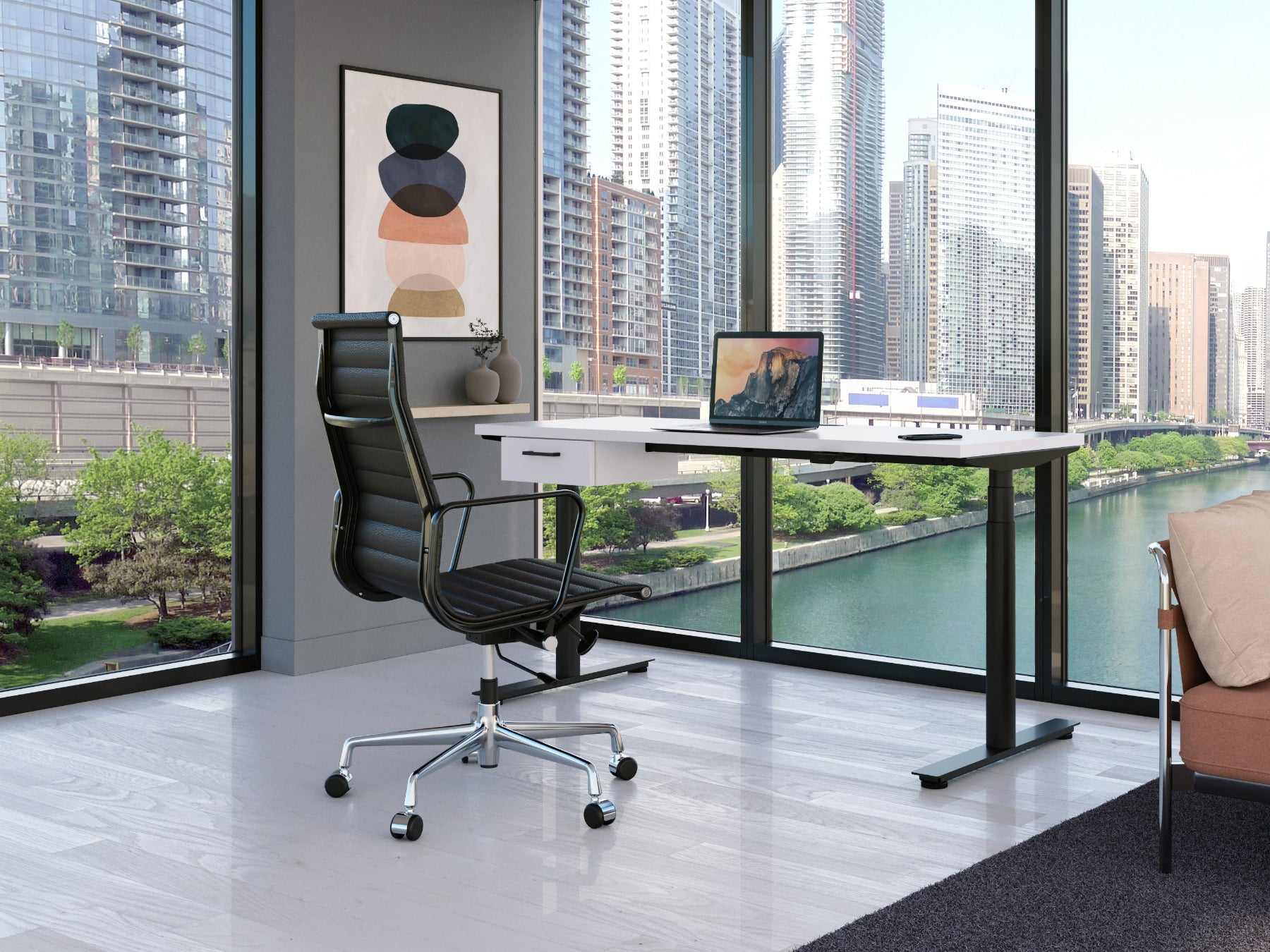 standing desk in corner office